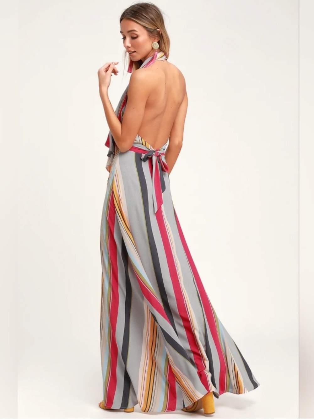 NWT Lulu's Esplanade Multicolor Striped Halter Backless Maxi Dress - Picture 2 of 7